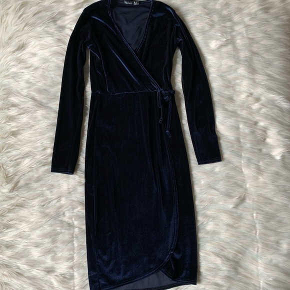 Boohoo Velvet Tie Waist Wrap Midi Dress- Navy - Picture 9 of 14